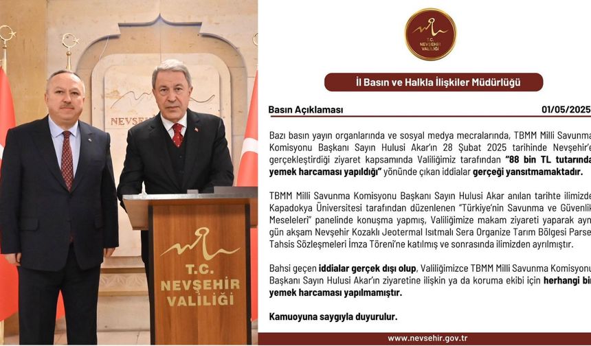 Nevşehir Valiliğinden 88 Bin TL’lik Koruma Yemeği İddialarına Yalanlama