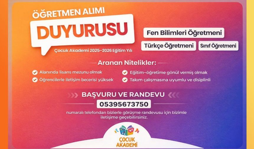 Nevşehir Çocuk Akademi 2025-2026 Eğitim Yılı İçin Öğretmen Alımı Duyurusu