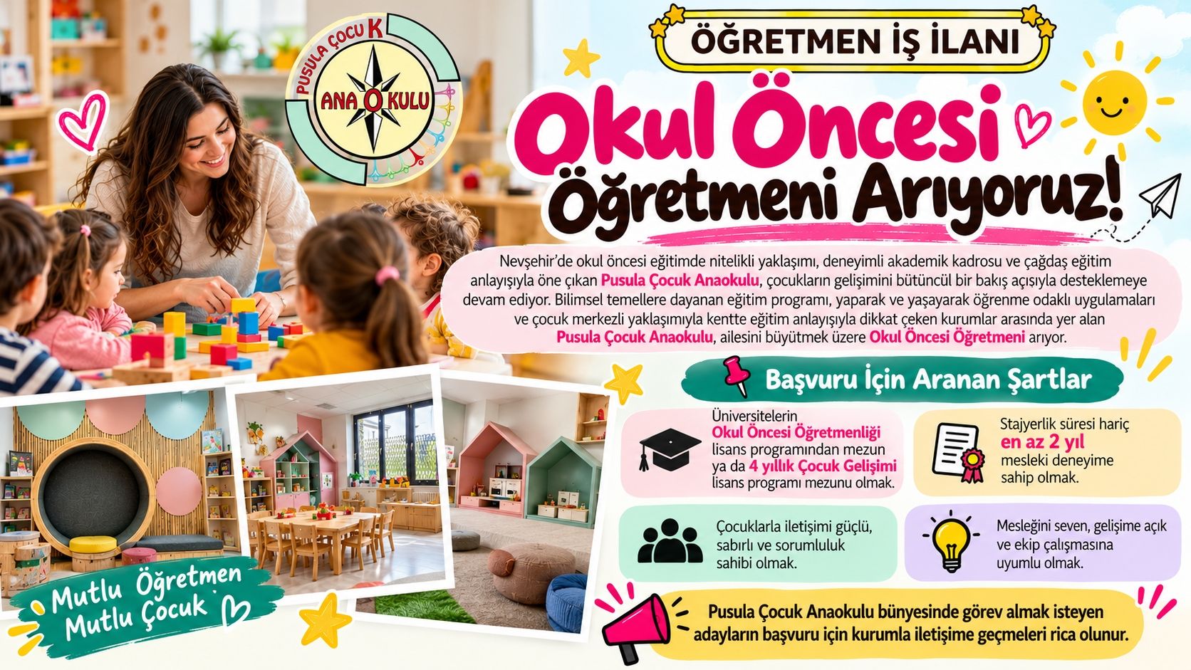 Pusula Çocuk Anaokulu Okul Öncesi Öğretmeni Arıyor